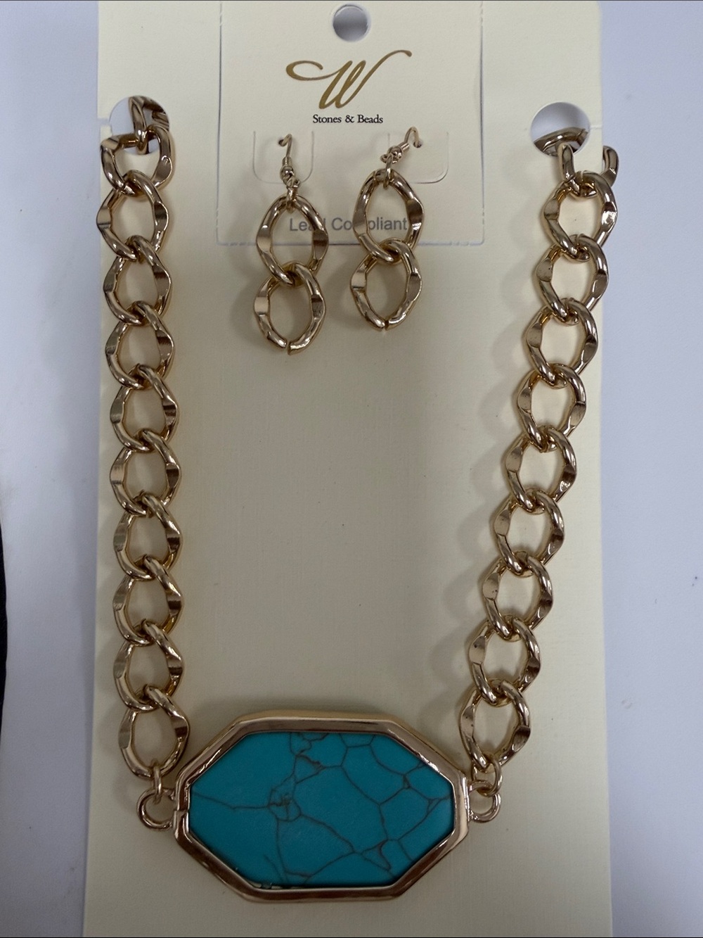 Gold Chain Necklace and Earring Set with Turquoise Stone